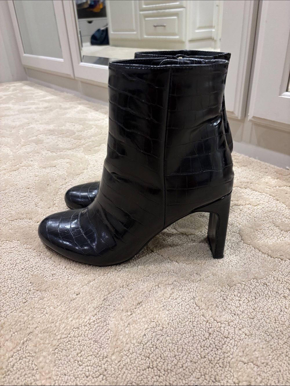 Croc-Embossed Black Ankle Booties — Women's